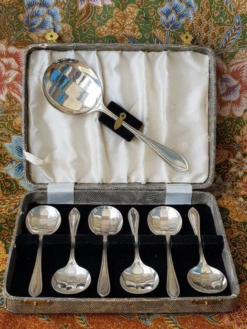 Mooie antieke Engelse silverplate dessertlepels in een etui. beschikbaar voor biedingen