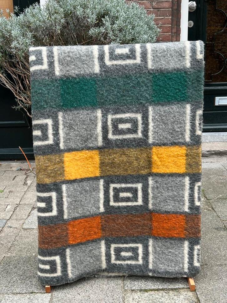 Vintage deken Hollands Glorie ruit bruin geel grijs groen, Huis en Inrichting, Woonaccessoires | Plaids en Woondekens, Gebruikt