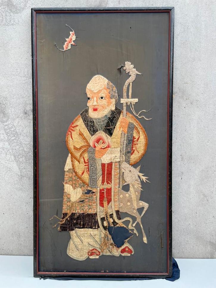 Shou Lao in zijde - Chinese textielkunst, Antiek en Kunst, Antiek | Kleden en Textiel, Ophalen