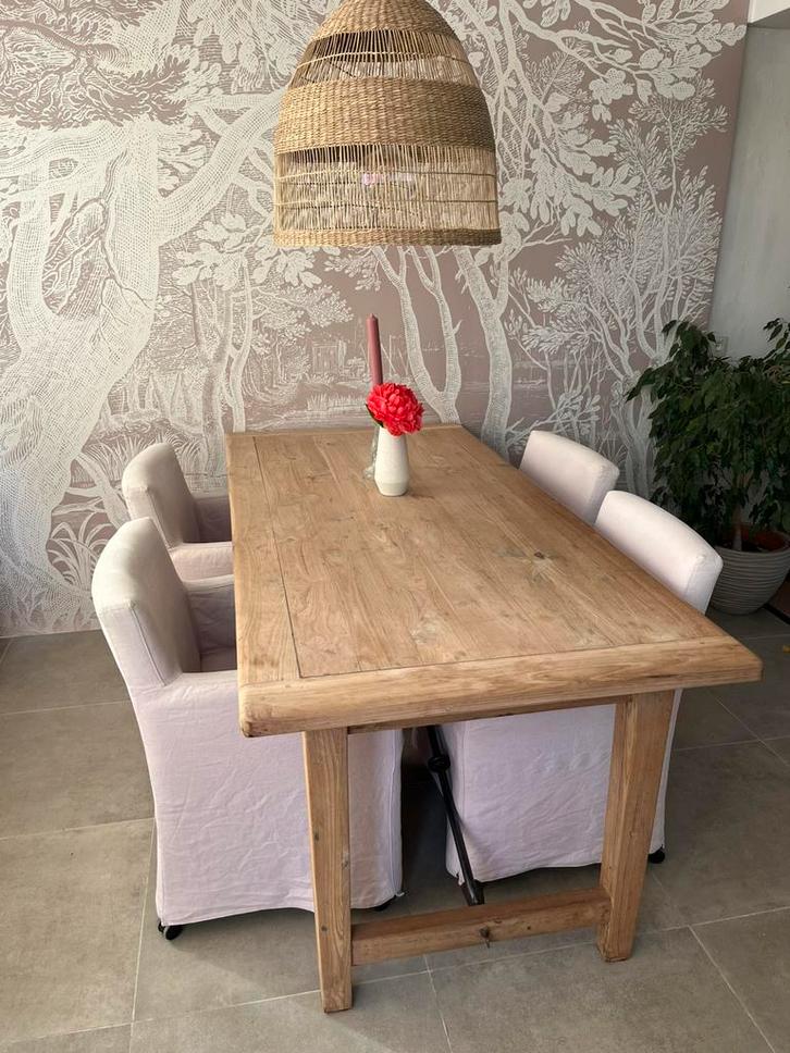 Vier eetkamerstoelen op wieltjes linnen, Huis en Inrichting, Stoelen, Gebruikt, Vier, Stof, Ophalen