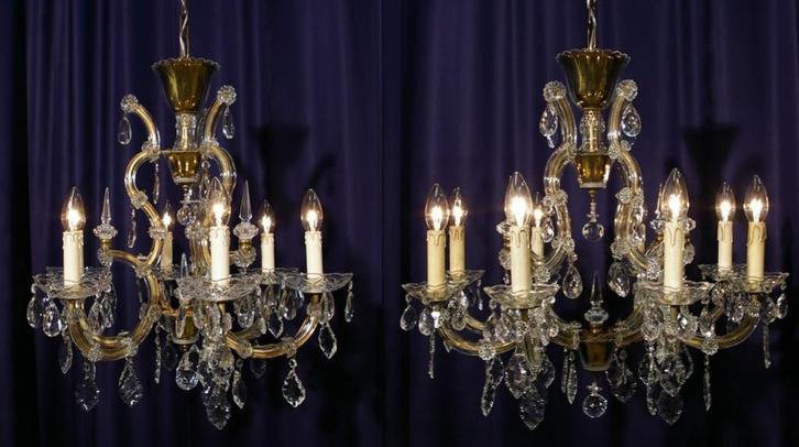 Twee Maria Theresa kroonluchters, Huis en Inrichting, Lampen | Kroonluchters, Gebruikt, Glas, Metaal, Ophalen
