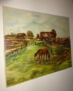 Schilderij 2 boerderijtjes met paard in een weiland, Ophalen of Verzenden