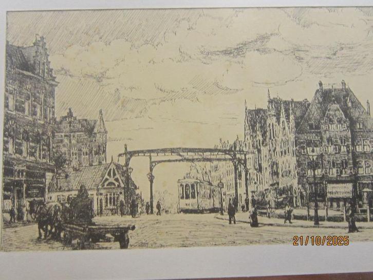 Mooie ets, gravure Rondom de Lage Erfbrug Rott. West, Antiek en Kunst, Kunst | Etsen en Gravures, Ophalen