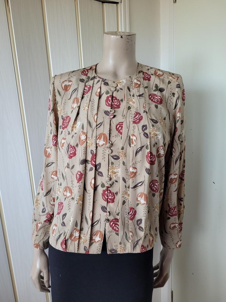 Vintage Fine Couture zijden blouse met print maat M/38, Maat 38/40 (M), Beige, Ophalen of Verzenden, Onbekend