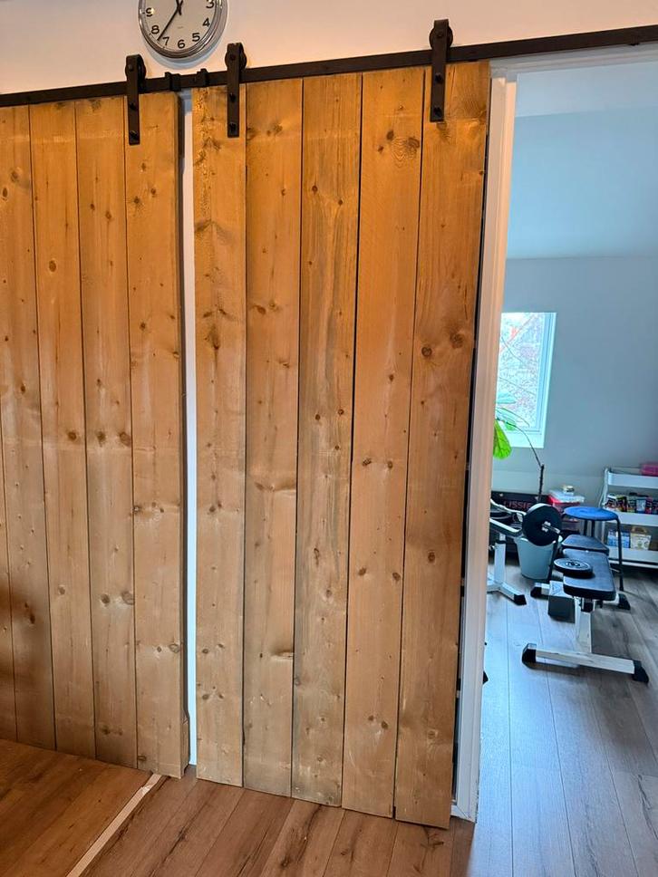 1 Steigerhouten schuifdeur met ophangsysteem, Doe-het-zelf en Verbouw, Deuren en Horren, Gebruikt, Binnendeur, 215 cm of meer