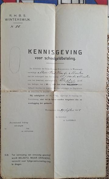 Kennisgeving schoolbetaling RHBS school Winterswijk uit 1915 beschikbaar voor biedingen