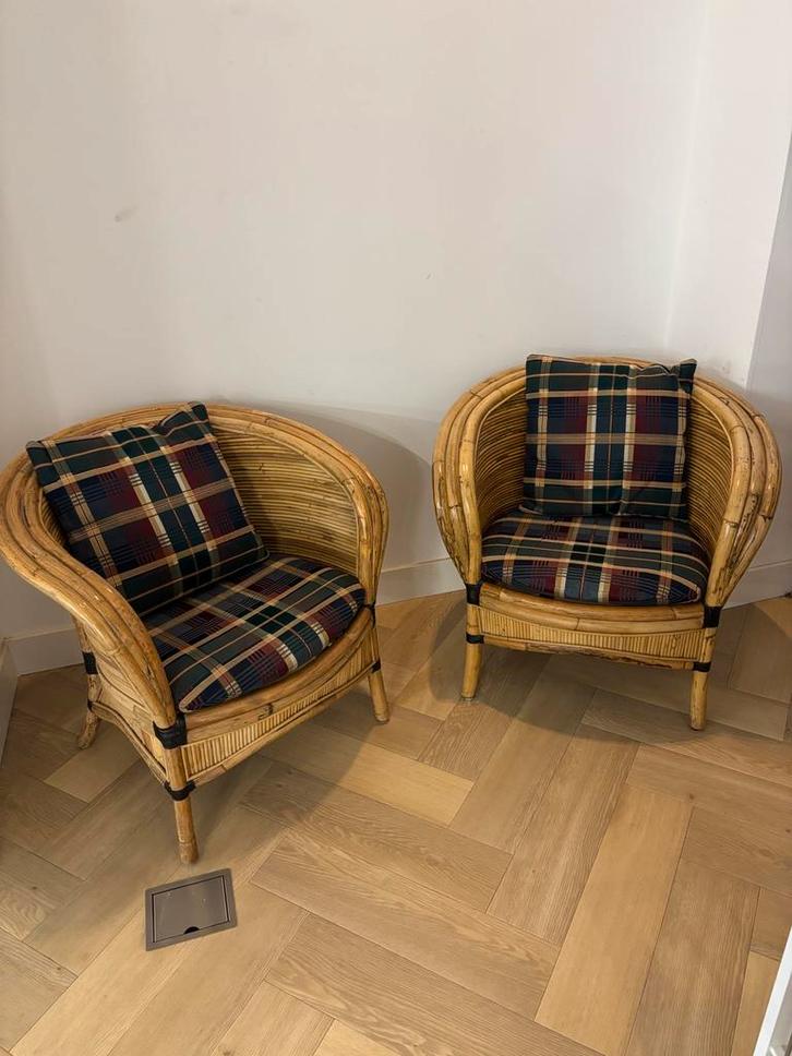 Twee prachtige bamboe stoelen met kussens, Huis en Inrichting, Fauteuils, Zo goed als nieuw, Riet of Rotan, 75 tot 100 cm, 75 tot 100 cm