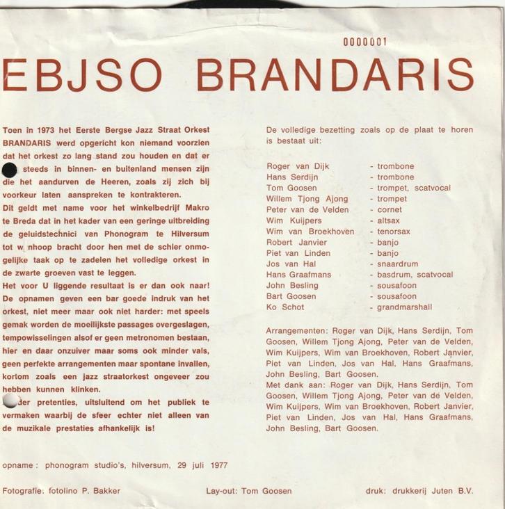 BREDA Het Eerst Bergse Jazz Straat Orkest BRANDARIS vinyl, Boeken, Geschiedenis | Stad en Regio, Gelezen, Ophalen