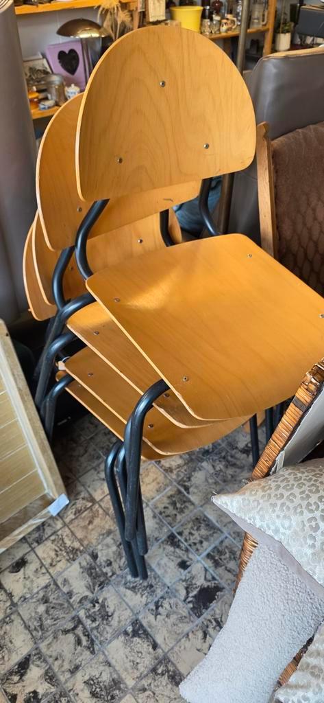 Vintage Houten Stoelen - Set van 4, Huis en Inrichting, Stoelen, Gebruikt, Vier, Hout, Metaal, Bruin, Ophalen