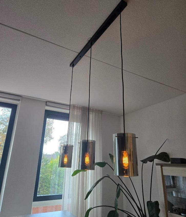 Hanglamp met rookglas kappen, Huis en Inrichting, Lampen | Hanglampen, Zo goed als nieuw, 75 cm of meer, Glas, Ophalen