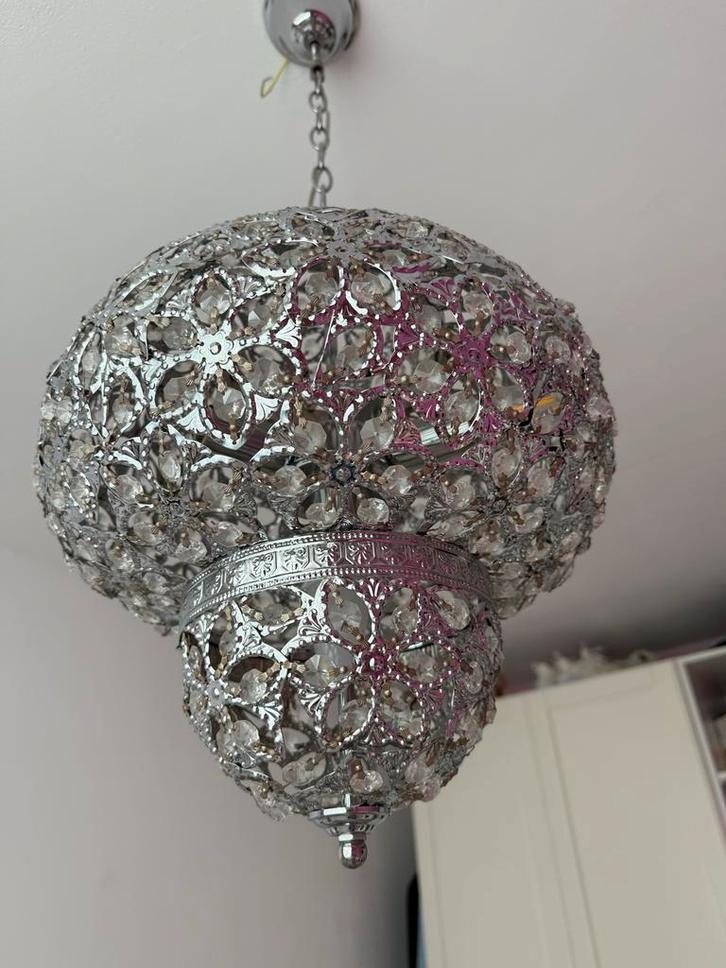 Oosterse Hanglamp met Kristallen, Huis en Inrichting, Lampen | Hanglampen, Zo goed als nieuw, Minder dan 50 cm, Metaal, Ophalen of Verzenden
