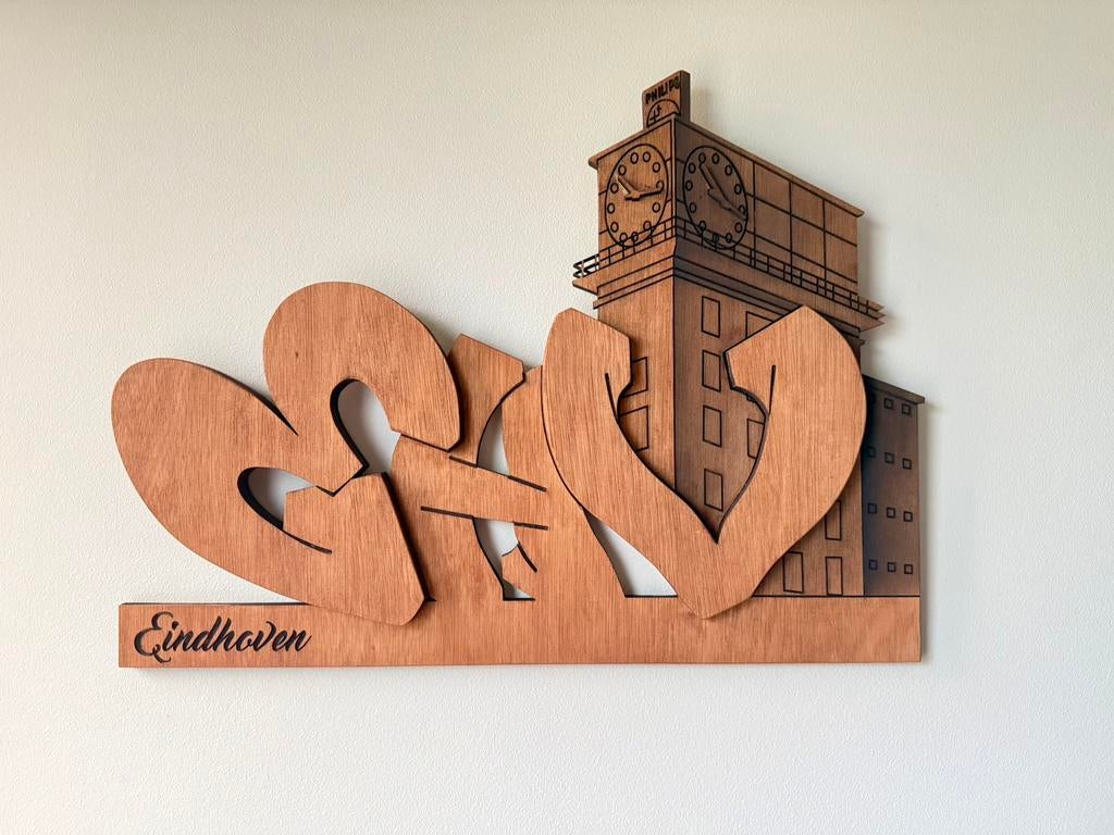 Unieke houten wandkunst - Eindhoven - handgemaakt, Ophalen, Nieuw
