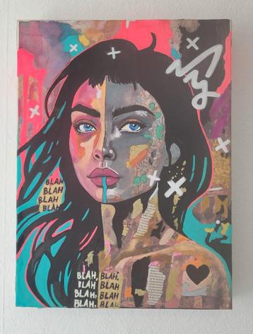 portret van vrouw, mixed media, abstract,street art stijl beschikbaar voor biedingen