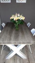 Eettafel met kruispoot 4 stoelen, Ophalen of Verzenden, Zo goed als nieuw, 4 tot 6 stoelen