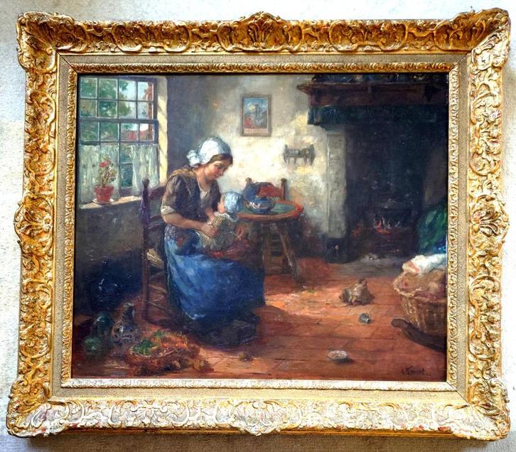 interieur===Cornelis Koppenol 1865-1946===moeder met baby, Antiek en Kunst, Kunst | Schilderijen | Klassiek, Ophalen