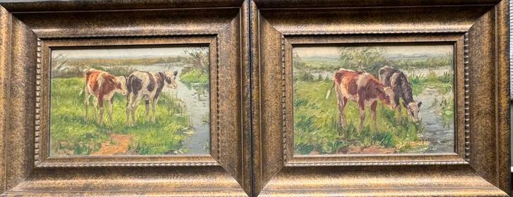 D.J. van Haaren - tweeluik koeien, Antiek en Kunst, Kunst | Schilderijen | Klassiek, Ophalen of Verzenden