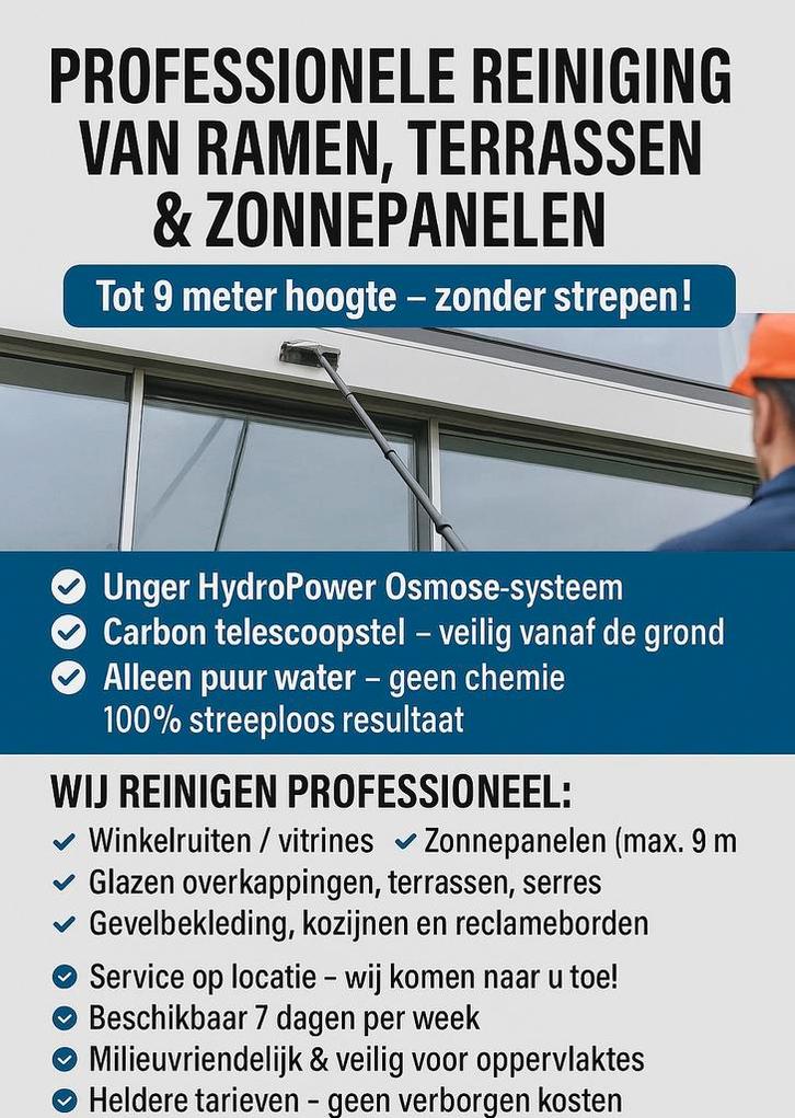 Reiniging van ramen.zonnepanelen.Gevels.glas.etalages, Tuin en Terras, Overkappingen, Zo goed als nieuw, Veranda, Ophalen of Verzenden