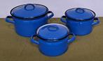 Vintage 3-delige blauw emaille pannenset, Ophalen of Verzenden