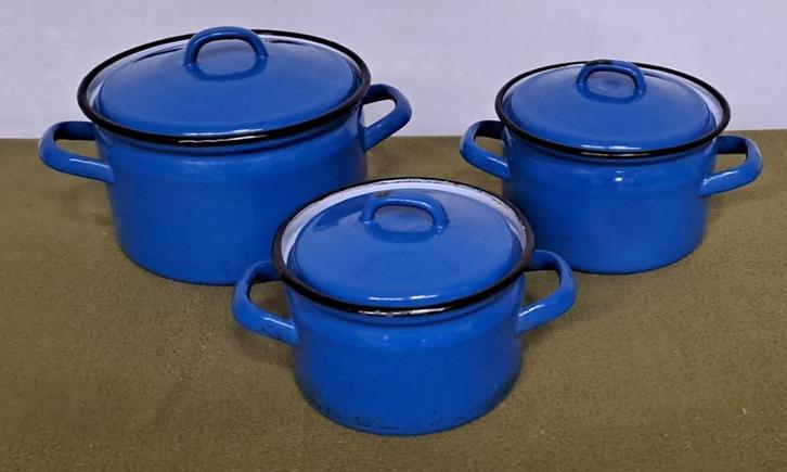 Vintage 3-delige blauw emaille pannenset, Antiek en Kunst, Antiek | Emaille, Ophalen of Verzenden
