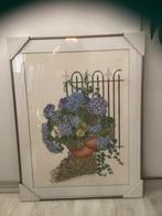 Schilderij, geborduurd met zijde, Hortensia, paspartout, Ophalen of Verzenden, Zo goed als nieuw