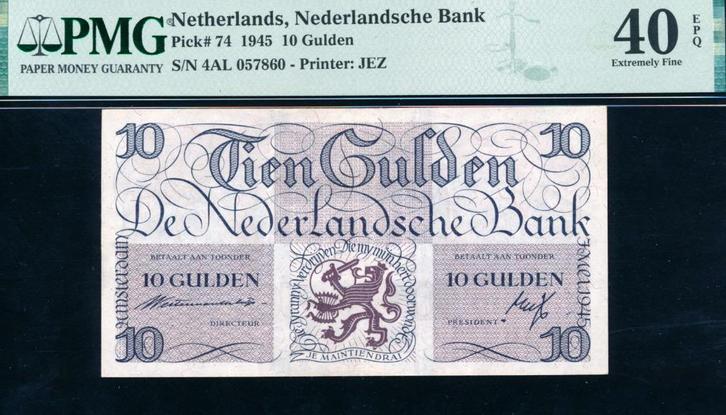 PMG 40 EPQ: 10 Gulden 1945 ‘Lieftinck tientje' - 4AL057860, Postzegels en Munten, Bankbiljetten | Nederland, Los biljet, 10 gulden