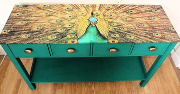Turquoise groene sidetable “Pauw”, 4 lades, tafel, kastje beschikbaar voor biedingen