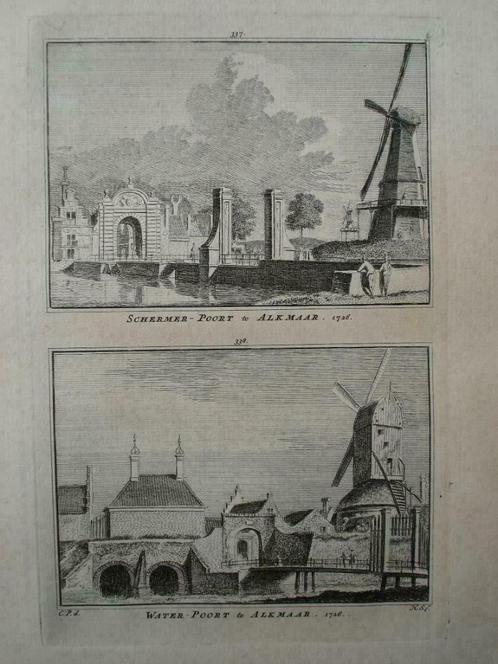 337-338 / Alkmaar Schermer en Water Poort Kopergravure 1752, Antiek en Kunst, Kunst | Etsen en Gravures, Ophalen of Verzenden