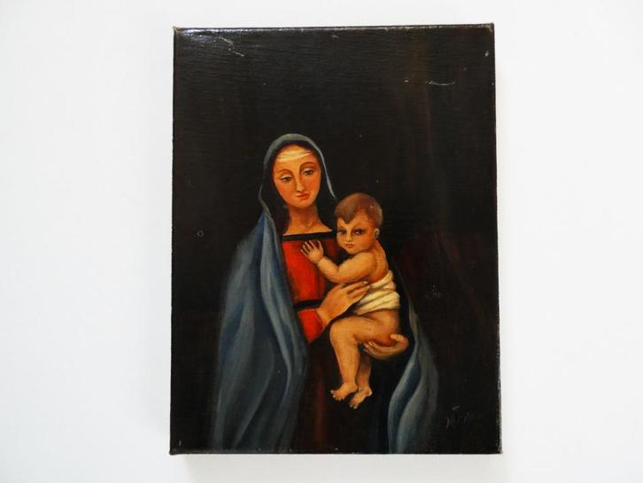 Icoon olieverf op doek Maria met kindje Jezus geschilderd, Antiek en Kunst, Antiek | Religie, Ophalen of Verzenden