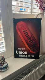 Emaille reclamebord Stookt Union briketten Langcat Bussum, Ophalen of Verzenden, Zo goed als nieuw, Reclamebord