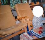 2 Scandinavische houten stoelen met gele stoffering, Ophalen, Gebruikt, Twee, Overige kleuren