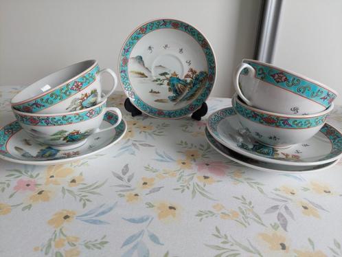 4 Chinese Thee kop en schotels met "Familie Verte", Verzamelen, Porselein, Kristal en Bestek, Zo goed als nieuw, Kop en/of schotel