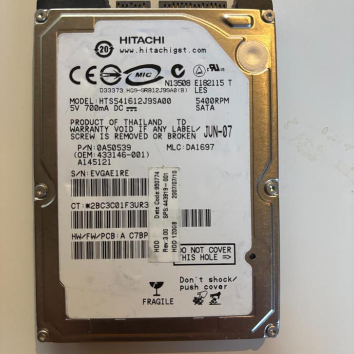 Hitachi HTS541612J9SA00 – 120GB 2,5" HDD, Computers en Software, Harde schijven, Gebruikt, Laptop, Intern, HDD, SATA, Ophalen of Verzenden