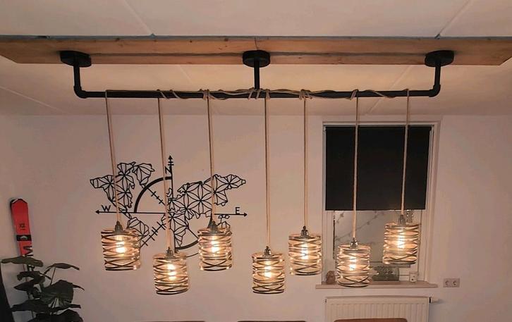 Eettafel Hanglamp 160 cm lang, Huis en Inrichting, Lampen | Hanglampen, Zo goed als nieuw, 75 cm of meer, Hout, Metaal, Ophalen