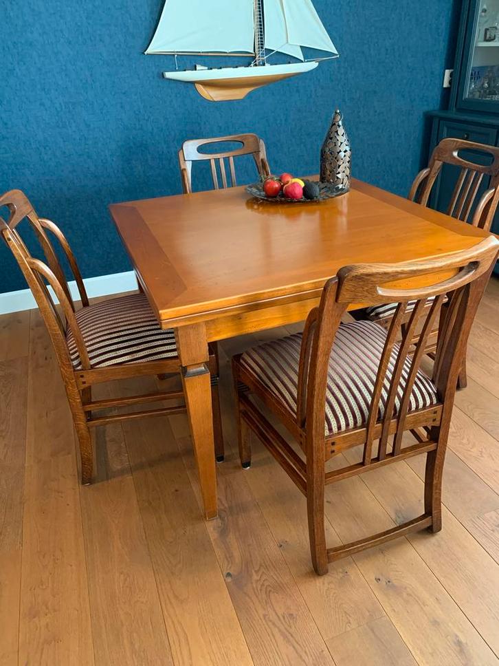 4 Art Deco Schuitema eetkamerstoelen., Huis en Inrichting, Stoelen, Gebruikt, Vier, Hout, Bruin, Ophalen