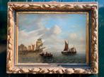 “Zeilschepen aan de kade, in de haven” gesigneerd, op paneel, Ophalen of Verzenden