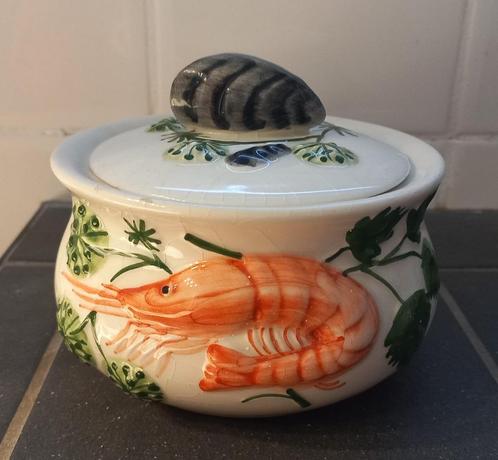 Handgeschilderd schaaltje met deksel mossels en garnaal, Huis en Inrichting, Keuken | Servies, Gebruikt, Ophalen of Verzenden