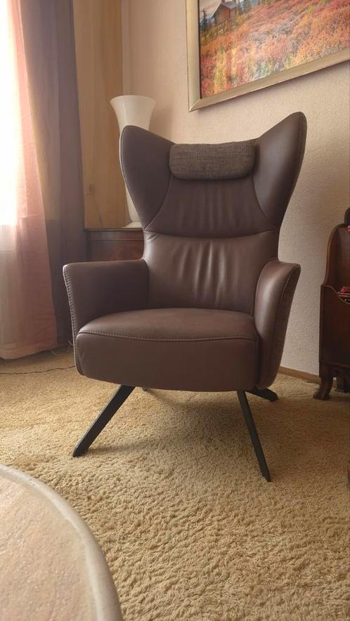 Oorfauteuil Leer/Stof - bruin, stevige zit, als nieuw, Huis en Inrichting, Fauteuils, Zo goed als nieuw, Leer, Metaal, Stof, 75 tot 100 cm