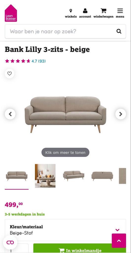 Lilly 3-zits bank beige - Leen Bakker (Zo goed als nieuw), Huis en Inrichting, Banken | Bankstellen, Zo goed als nieuw, Rechte bank