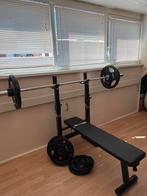 Fitnessbank met barbell, schijven en haltersluiters, Sport en Fitness, Fitnessmaterialen, Ophalen, Zo goed als nieuw, Fitnessbank