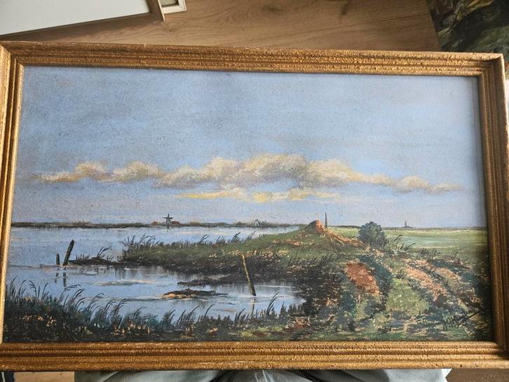 Bijzonder mooi polderlandschap in pastel op karton, Antiek en Kunst, Kunst | Schilderijen | Klassiek, Verzenden