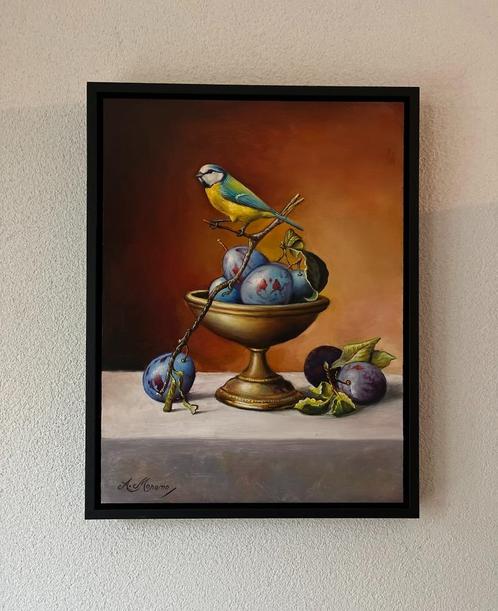 Alfonso Moreno stilleven pimpelmees en pruimen op paneel., Antiek en Kunst, Kunst | Schilderijen | Klassiek, Ophalen of Verzenden