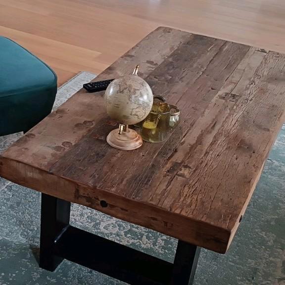 Salontafel grof oud houten blad  L120xb60 (eiken), Huis en Inrichting, Tafels | Salontafels, Zo goed als nieuw, Minder dan 50 cm