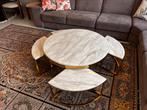Luxe Ronde Salontafel met 4 inschuifbare delen, Ophalen, Rond, Zo goed als nieuw, Marmerlook & goudaccenten