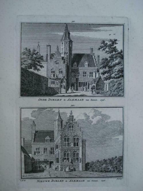341-342 / Alkmaar Oude en Nieuwe Doelen  Kopergravure 1752, Antiek en Kunst, Kunst | Etsen en Gravures, Ophalen of Verzenden