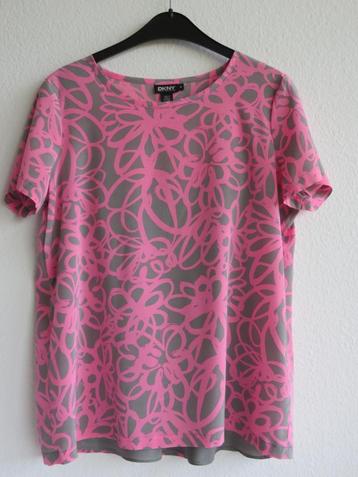 DKNY zijden blouse grijs met roze abstracte bloemen maat M beschikbaar voor biedingen