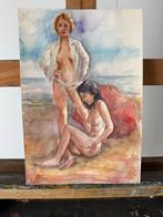 Sjef van der Voort, 2 dames (half) naakt op het strand, Ophalen of Verzenden