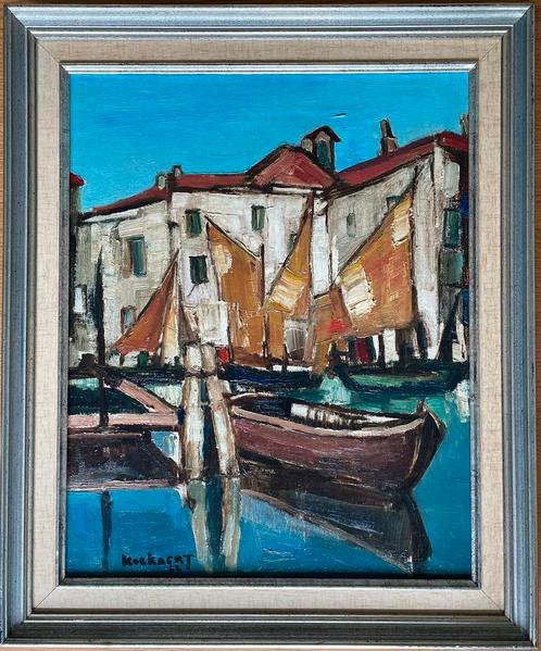 Ernest Kockaert - Schepen in de haven - expressionistisch, Antiek en Kunst, Kunst | Schilderijen | Klassiek, Ophalen of Verzenden