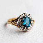 Vintage 9K gouden cluster ring met topaas & diamant - 16,75, Ophalen of Verzenden, Met edelsteen, Dame, Goud