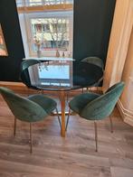 Glazen eettafel met gouden poten incl 4 stoelen., Ophalen, Gebruikt, Rond, Glas