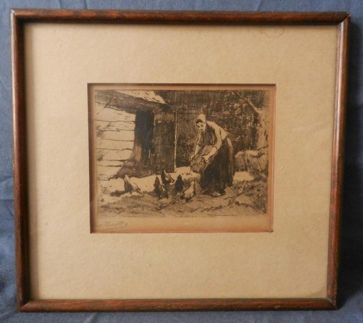 Ets / mezzotint Kippen voerende boerin Chris van der Windt, Antiek en Kunst, Kunst | Etsen en Gravures, Ophalen of Verzenden